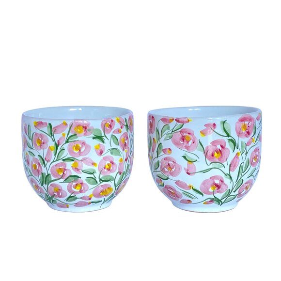 Terra Pink Rose Floral Hand Painted Ceramic 16oz Large Coffee Mugs Set Of 2 - Picture 5 of 14